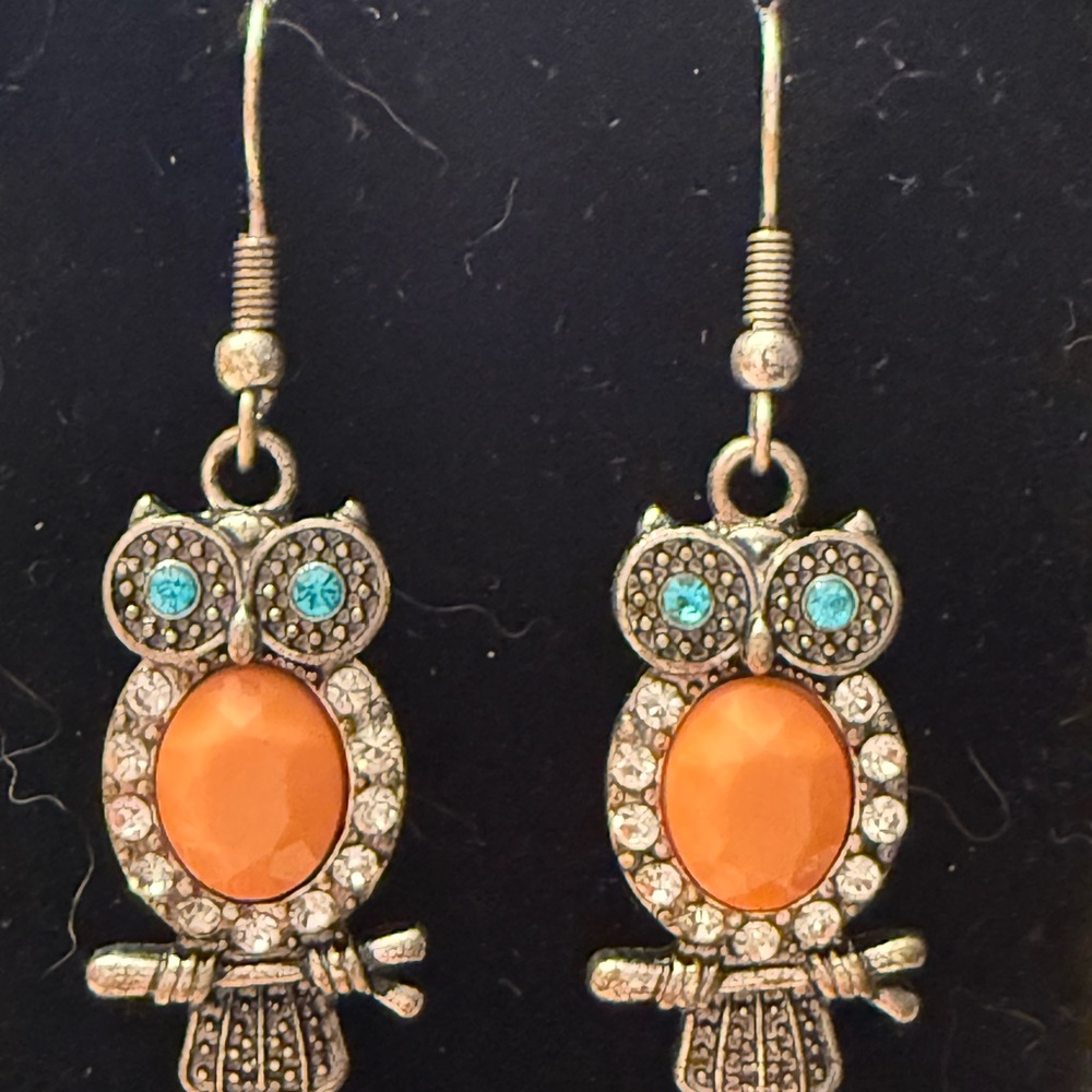 Whimsical Owl Earrings in Orange and Silver